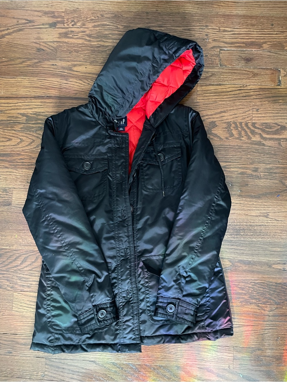 Gap Black Hooded Puffer Coat with Red Quilted Lining